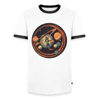 Astronaut im Weltraum mit Sonnensystem und - Männer Kontrast-T-Shirt - Weiß/Schwarz - Vorne - AI Model Female 172 light (172cm) & AI Model Male 178 dark (178cm)