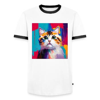 Oil Painting Style Domestic Cat Portrait Design - Men's Ringer Shirt - white/black - Front - AI Model Female 172 light (172cm) & AI Model Male 178 dark (178cm)