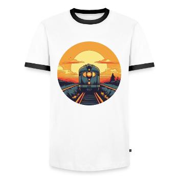 Vintage Eisenbahn E-Lok im Sonnenuntergang - Männer Kontrast-T-Shirt - Weiß/Schwarz - Vorne - AI Model Female 172 light (172cm) & AI Model Male 178 dark (178cm)