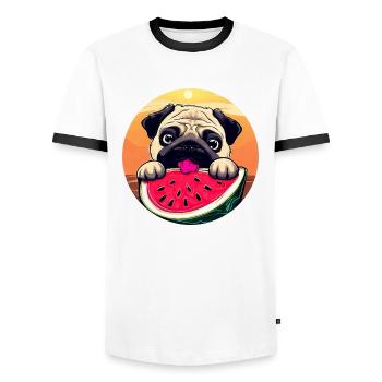 Pug with melon at sunset, summer - Men's Ringer Shirt - white/black - Front - AI Model Female 172 light (172cm) & AI Model Male 178 dark (178cm)