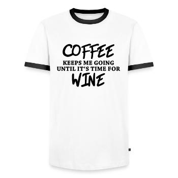 Coffee keeps me going until it's time for wine - T-shirt contrasté Homme - blanc/noir - Devant - AI Model Female 172 light (172cm) & AI Model Male 178 dark (178cm)