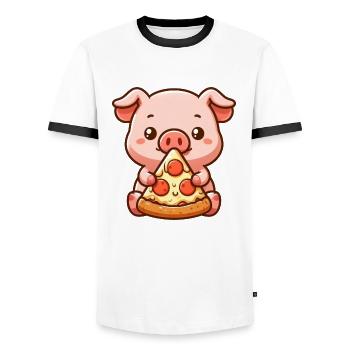Funny Pig Pizza Farmer Cartoon - Men's Ringer Shirt - white/black - Front - AI Model Female 172 light (172cm) & AI Model Male 178 dark (178cm)