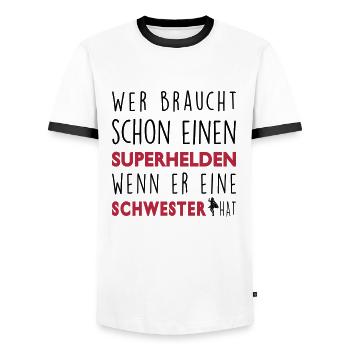 Meine Schwester-Superheld - Männer Kontrast-T-Shirt - Weiß/Schwarz - Vorne - AI Model Female 172 light (172cm) & AI Model Male 178 dark (178cm)