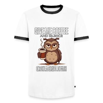Coffee Owl - give me coffee and silence or die - Men's Ringer Shirt - white/black - Front - AI Model Female 172 light (172cm) & AI Model Male 178 dark (178cm)