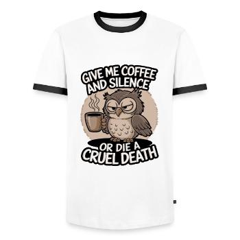 Coffee Owl - give me coffee and silence or die - Men's Ringer Shirt - white/black - Front - AI Model Female 172 light (172cm) & AI Model Male 178 dark (178cm)