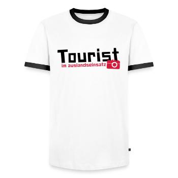 Tourist im Auslandseinsatz - Männer Kontrast-T-Shirt - Weiß/Schwarz - Vorne - AI Model Female 172 light (172cm) & AI Model Male 178 dark (178cm)