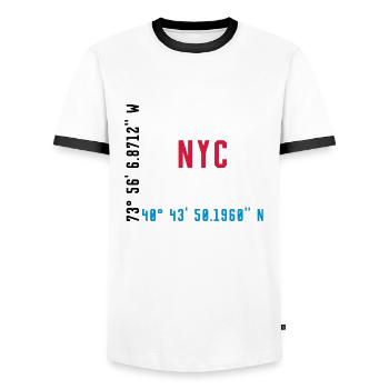 NYC - NEW YORK - GPS COORDINATES / COORDINATES - Men's Ringer Shirt - white/black - Front - AI Model Female 172 light (172cm) & AI Model Male 178 dark (178cm)