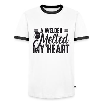 Welder outfit for welders - Men's Ringer Shirt - white/black - Front - AI Model Female 172 light (172cm) & AI Model Male 178 dark (178cm)