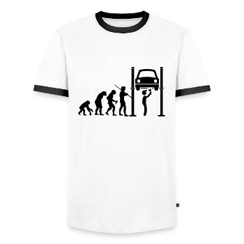 Mechaniker Evolution - Männer Kontrast-T-Shirt - Weiß/Schwarz - Vorne - AI Model Female 172 light (172cm) & AI Model Male 178 dark (178cm)