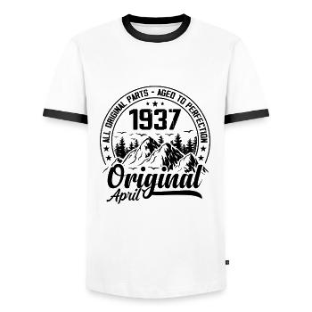 1937 April Original: 87 Years Anniversary Gift - Men's Ringer Shirt - white/black - Front - AI Model Female 172 light (172cm) & AI Model Male 178 dark (178cm)