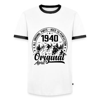 1940 April Original: 84 Years Anniversary Gift - Men's Ringer Shirt - white/black - Front - AI Model Female 172 light (172cm) & AI Model Male 178 dark (178cm)
