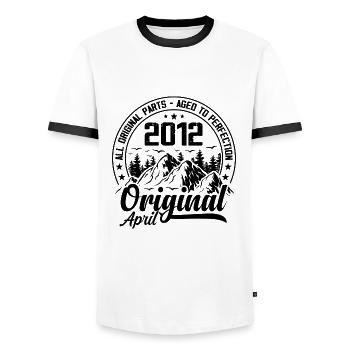 2012 April Original: Geschenk zum 12-jährigen Jubiläum - Männer Kontrast-T-Shirt - Weiß/Schwarz - Vorne - AI Model Female 172 light (172cm) & AI Model Male 178 dark (178cm)