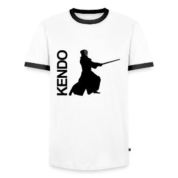 Kendo, martial arts, sword, mask, sword fight - Men's Ringer Shirt - white/black - Front - AI Model Female 172 light (172cm) & AI Model Male 178 dark (178cm)