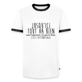 jusquici tout va bien 02 - T-shirt contrasté Homme - blanc/noir - Devant - AI Model Female 172 light (172cm) & AI Model Male 178 dark (178cm)