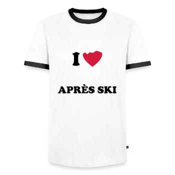 I love Apres Ski. Mountain Snow Skiing Party - Men's Ringer Shirt - white/black - Front - AI Model Female 172 light (172cm) & AI Model Male 178 dark (178cm)