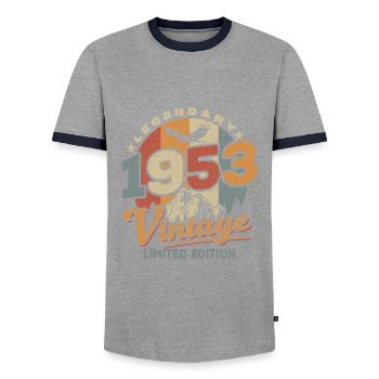 birthday 1953 - 70 years - Men's Ringer Shirt - grey/navy  - Front - AI Model Female 172 light (172cm) & AI Model Male 178 light (178cm)