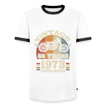 moto motard vintage 1973 - 50 ans - T-shirt contrasté Homme - blanc/noir - Devant - AI Model Female 172 light (172cm) & AI Model Male 178 dark (178cm)