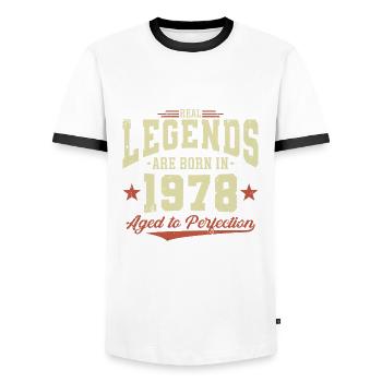 Les légendes sont nées en 1978 - T-shirt contrasté Homme - blanc/noir - Devant - AI Model Female 172 light (172cm) & AI Model Male 178 dark (178cm)