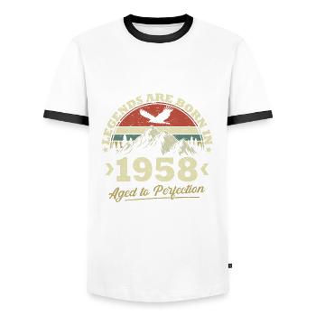 Les légendes sont nées en 1958 - T-shirt contrasté Homme - blanc/noir - Devant - AI Model Female 172 light (172cm) & AI Model Male 178 dark (178cm)