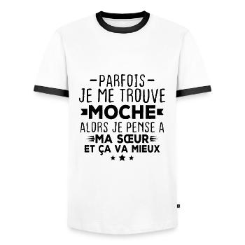 Parfois je me trouve moche alors je pense à sœur - T-shirt contrasté Homme - blanc/noir - Devant - AI Model Female 172 light (172cm) & AI Model Male 178 dark (178cm)