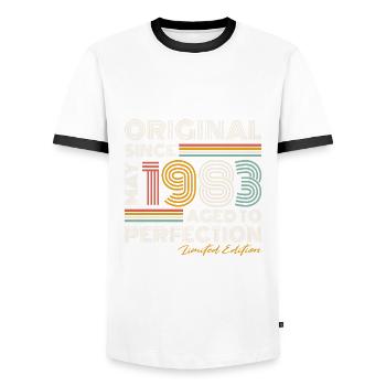 May 1983 Vintage Birthday Retro - Men's Ringer Shirt - white/black - Front - AI Model Female 172 light (172cm) & AI Model Male 178 dark (178cm)