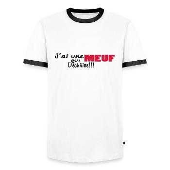 J'ai unE MEUF qui dchiire - T-shirt contrasté Homme - blanc/noir - Devant - AI Model Female 172 light (172cm) & AI Model Male 178 dark (178cm)
