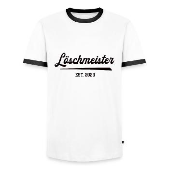 Freiwillige Feuerwehr Löschmeister 2023 Dienstgrad - Männer Kontrast-T-Shirt - Weiß/Schwarz - Vorne - AI Model Female 172 light (172cm) & AI Model Male 178 dark (178cm)