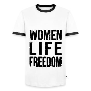 Women life freedom - Men's Ringer Shirt - white/black - Front - AI Model Female 172 light (172cm) & AI Model Male 178 dark (178cm)