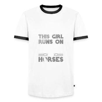 Horsewoman Gift Girl Runs on Jesus and Horses - Men's Ringer Shirt - white/black - Front - AI Model Female 172 light (172cm) & AI Model Male 178 dark (178cm)