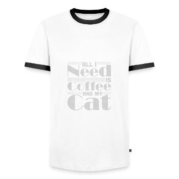 Coffee Drinking Cat Lover All I Need is Coffee - Men's Ringer Shirt - white/black - Front - AI Model Female 172 light (172cm) & AI Model Male 178 dark (178cm)