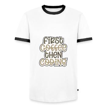 Coder Geschenk zuerst Kaffee dann Codierung Geschenkideen - Männer Kontrast-T-Shirt - Weiß/Schwarz - Vorne - AI Model Female 172 light (172cm) & AI Model Male 178 dark (178cm)