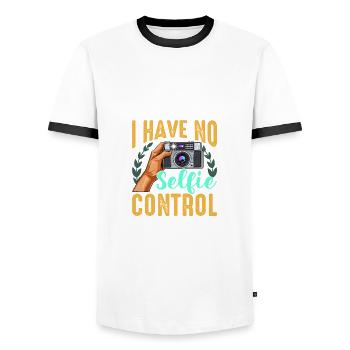 Photographie Je n’ai pas de contrôle de selfie Selfie drôle - T-shirt contrasté Homme - blanc/noir - Devant - AI Model Female 172 light (172cm) & AI Model Male 178 dark (178cm)