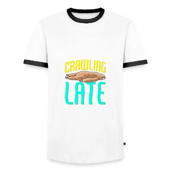 Sloth Crawling Late Funny Sarcastic Sloth - Men's Ringer Shirt - white/black - Front - AI Model Female 172 light (172cm) & AI Model Male 178 dark (178cm)