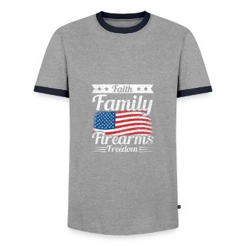 Faith Family Firearms Freedom American Flag - Men's Ringer Shirt - grey/navy  - Front - AI Model Female 172 light (172cm) & AI Model Male 178 light (178cm)