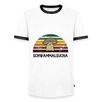 Schwammalsucha - Pilzsammler auf bayrisch - Männer Kontrast-T-Shirt - Weiß/Schwarz - Vorne - AI Model Female 172 light (172cm) & AI Model Male 178 dark (178cm)