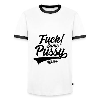 FUCK SAME PUSSY 4 EVER JGA JUNGGESELLE - Männer Kontrast-T-Shirt - Weiß/Schwarz - Vorne - AI Model Female 172 light (172cm) & AI Model Male 178 dark (178cm)