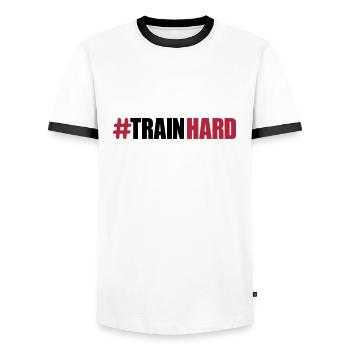 cool design text dumbbell train hard training hand - Men's Ringer Shirt - white/black - Front - AI Model Female 172 light (172cm) & AI Model Male 178 dark (178cm)