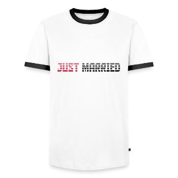 Just Married Text Logo Design - Men's Ringer Shirt - white/black - Front - AI Model Female 172 light (172cm) & AI Model Male 178 dark (178cm)
