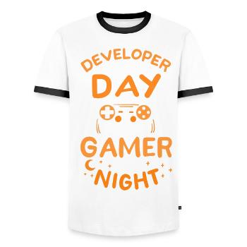 Developer By Day Gamer By Night Entwickler Zocker - Männer Kontrast-T-Shirt - Weiß/Schwarz - Vorne - AI Model Female 172 light (172cm) & AI Model Male 178 dark (178cm)