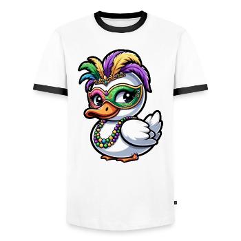 Mardi Gras Duck Mask Feathers - Men's Ringer Shirt - white/black - Front - AI Model Female 172 light (172cm) & AI Model Male 178 dark (178cm)