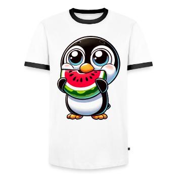 Funny Penguin with Watermelon Cartoon Summer - Men's Ringer Shirt - white/black - Front - AI Model Female 172 light (172cm) & AI Model Male 178 dark (178cm)