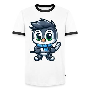 Pinguin Eishockey Spieler Cartoon Kunst - Männer Kontrast-T-Shirt - Weiß/Schwarz - Vorne - AI Model Female 172 light (172cm) & AI Model Male 178 dark (178cm)