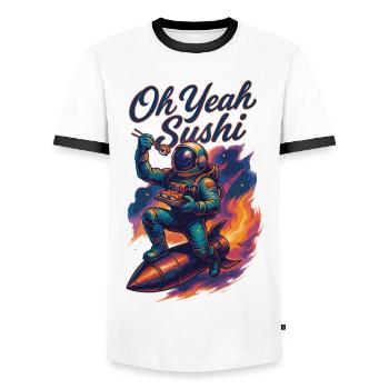 Astronaut auf Rakete: Oh Yeah Sushi Galaxie Design - Männer Kontrast-T-Shirt - Weiß/Schwarz - Vorne - AI Model Female 172 light (172cm) & AI Model Male 178 dark (178cm)