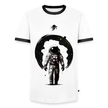 ASTRONAUT IM WELTRAUM AUF DEM WEG AUS DEM SCHWARZEN LOCH - Männer Kontrast-T-Shirt - Weiß/Schwarz - Vorne - AI Model Female 172 light (172cm) & AI Model Male 178 dark (178cm)