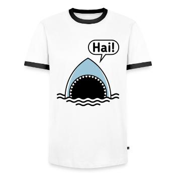 Hai! (Haifisch / Sprechblase / Comic / Cartoon) - Männer Kontrast-T-Shirt - Weiß/Schwarz - Vorne - AI Model Female 172 light (172cm) & AI Model Male 178 dark (178cm)