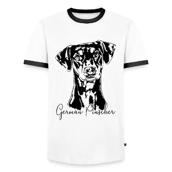 GERMAN PINSCHER Wilsigns Dog Dog - Men's Ringer Shirt - white/black - Front - AI Model Female 172 light (172cm) & AI Model Male 178 dark (178cm)