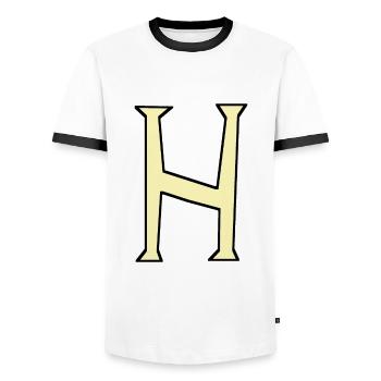 H - Just a letter! - by YoshiArt - Men's Ringer Shirt - white/black - Front - AI Model Female 172 light (172cm) & AI Model Male 178 dark (178cm)