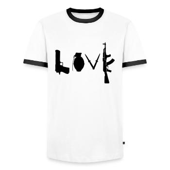 Love / Weapon Design - Men's Ringer Shirt - white/black - Front - AI Model Female 172 light (172cm) & AI Model Male 178 dark (178cm)