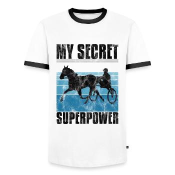 My Secret Superpower Trotting Race Trabreiter Sulky - Men's Ringer Shirt - white/black - Front - AI Model Female 172 light (172cm) & AI Model Male 178 dark (178cm)