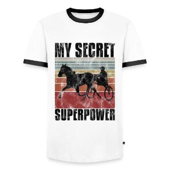 My Secret Superpower Trotting Race Trabreiter Sulky - Men's Ringer Shirt - white/black - Front - AI Model Female 172 light (172cm) & AI Model Male 178 dark (178cm)